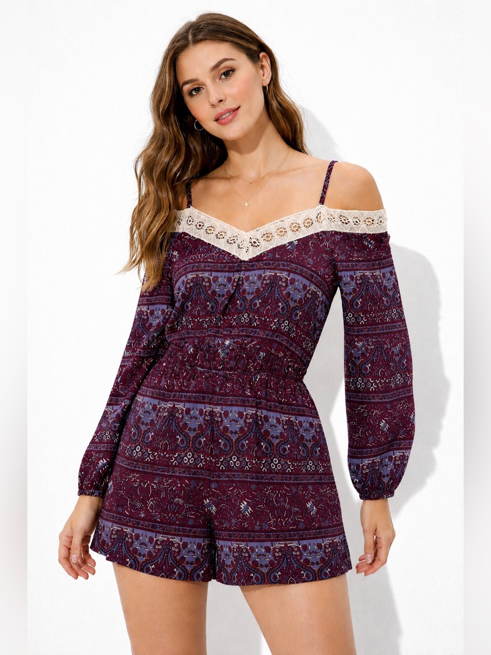 Rare Charlotte Russe Boho Cold Shoulder Crochet Lace Paisley Romper Size Small